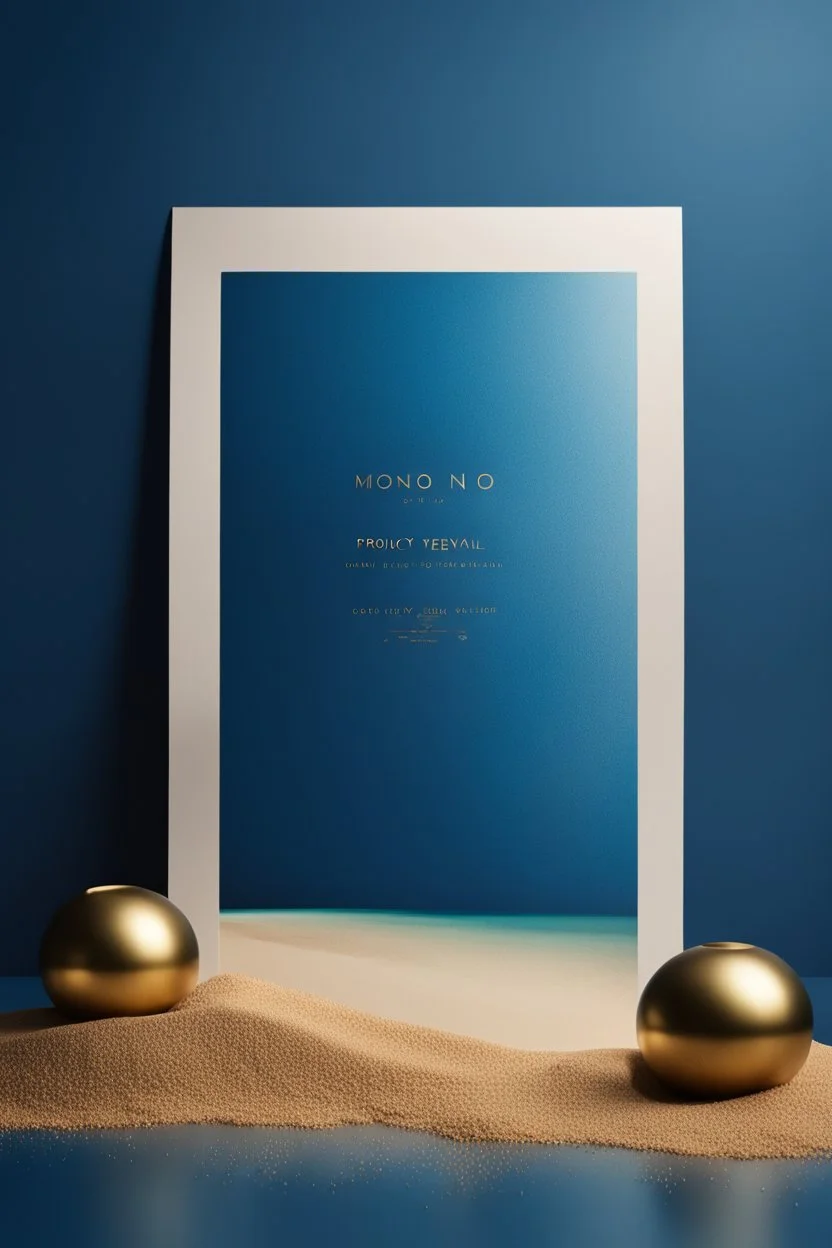 create a high quality minimal poster for mono product reveal photo with nice photography techniques from a brass Coupling wall tee fitting , dark semi ocean blue background, a dreamy blurred bokeh background with excellent warm lighting, on a luxury scenes in a studio splash clear water , on a pice of vevlet and brass sands