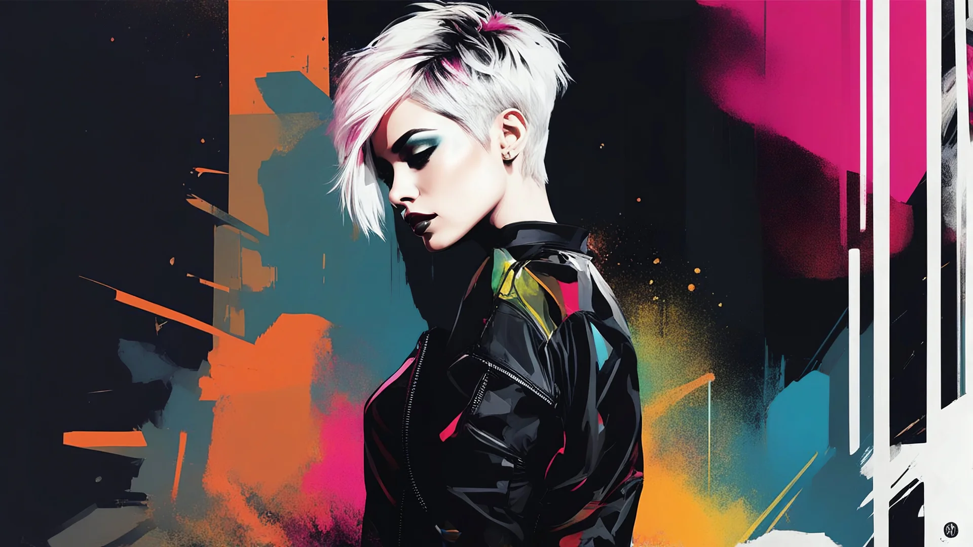 aesthetic, painterly style, modern ink, Qiyana hot, white short hair, neon , sensual, sultry, dark blouse, expressive pose, urbanpunk, abstract texture multilayer background, neo-expressionist , Russ Mills, Ian Miller