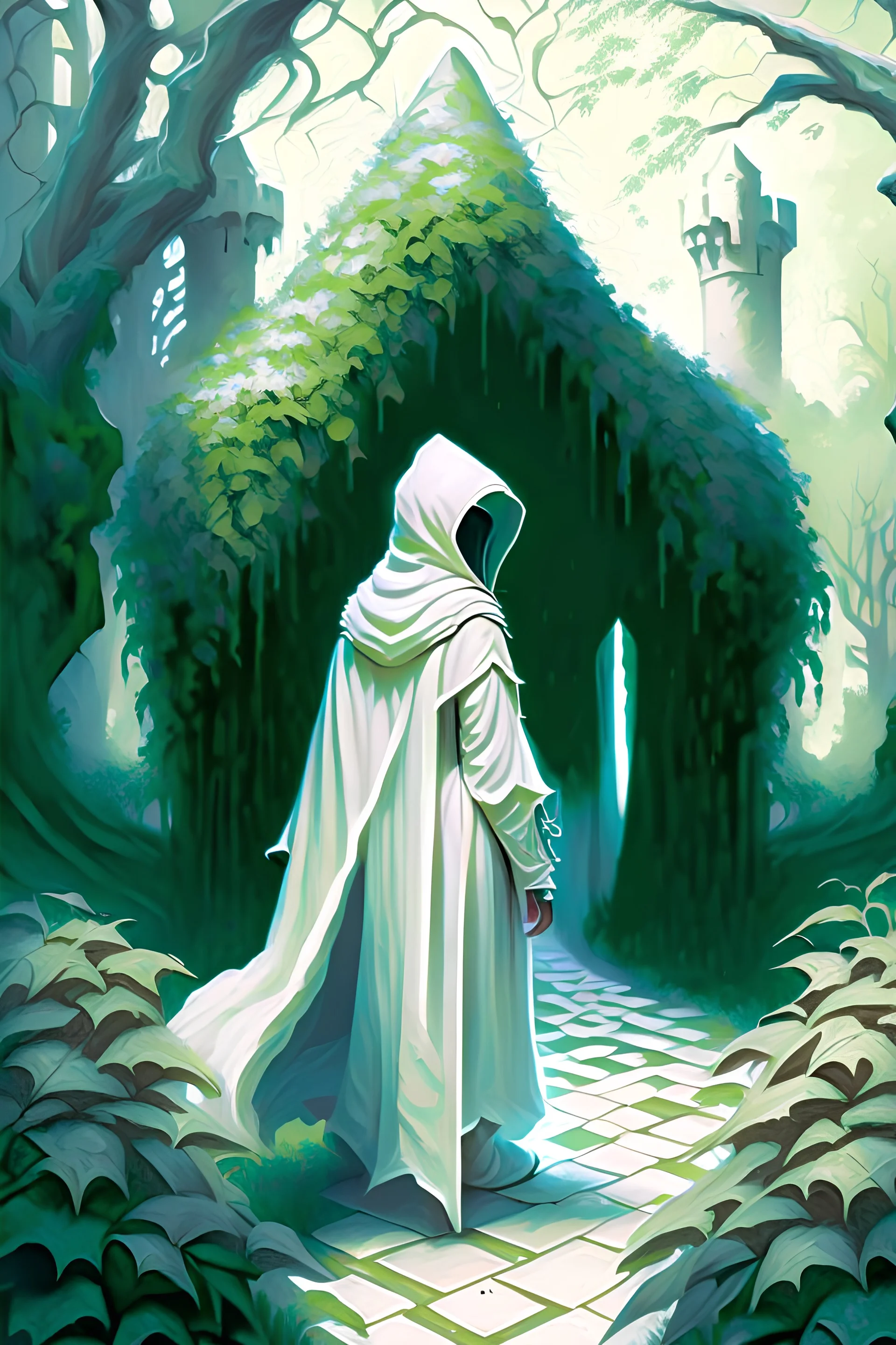 Castle hedge maze with hooded figure in white robes rpg art painterly