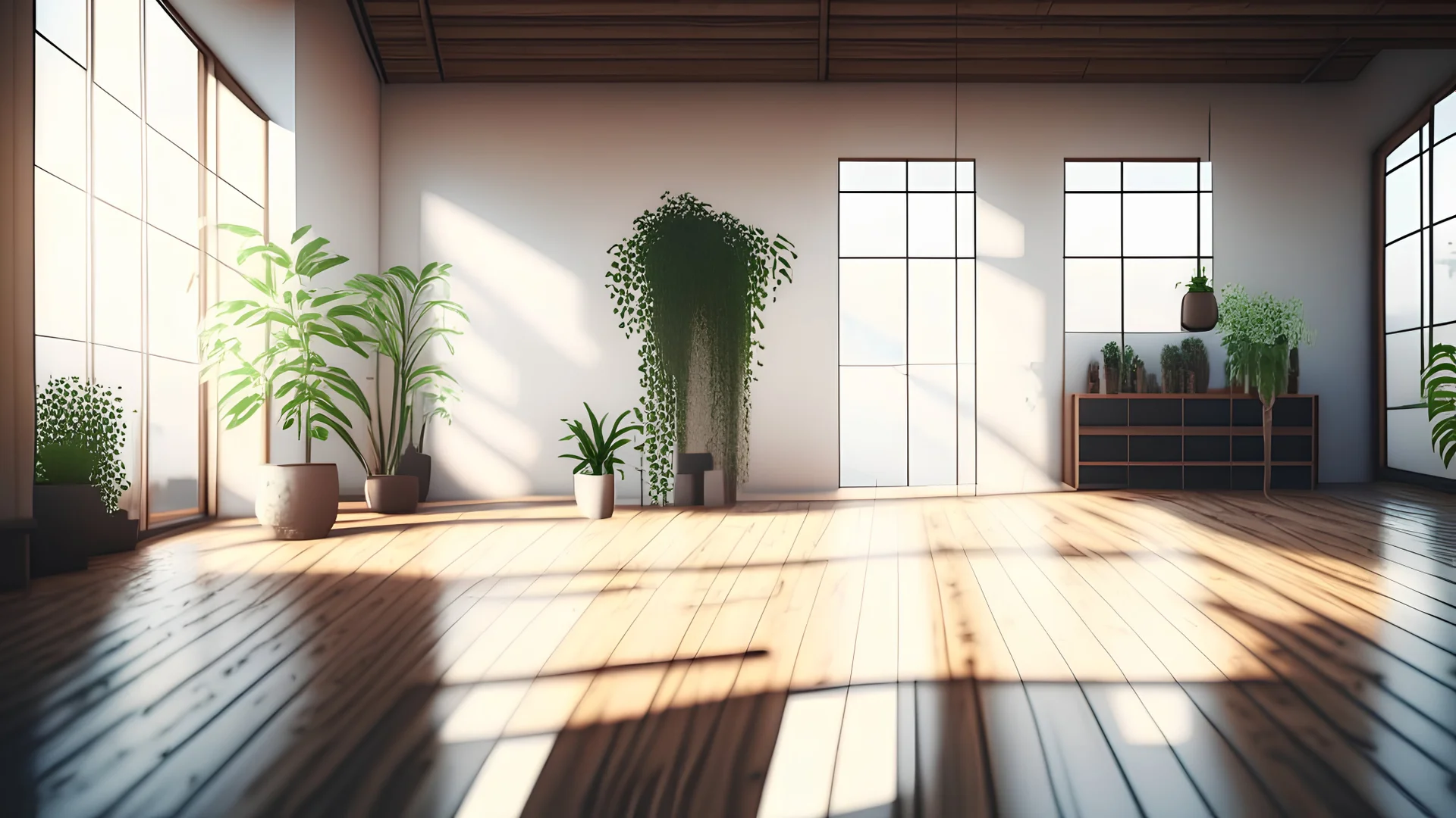 Empty room of modern contemporary loft with plants on wooden floor. Generative AI By AngrySun
