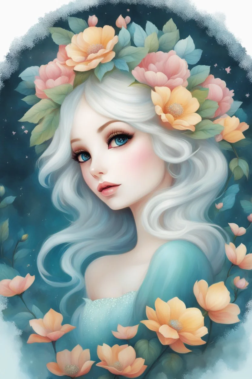 Painting of a beautiful girl, beautiful, flowers on her head, dress, young girl, digital painting, fantasy art, pretty face, inspired by Jeremiah Ketner, illustration, anime portrait, barbie face, big eyes, bright eyes, dream, trees, white background, dark night, song, white background, fantasy, high quality, 8k