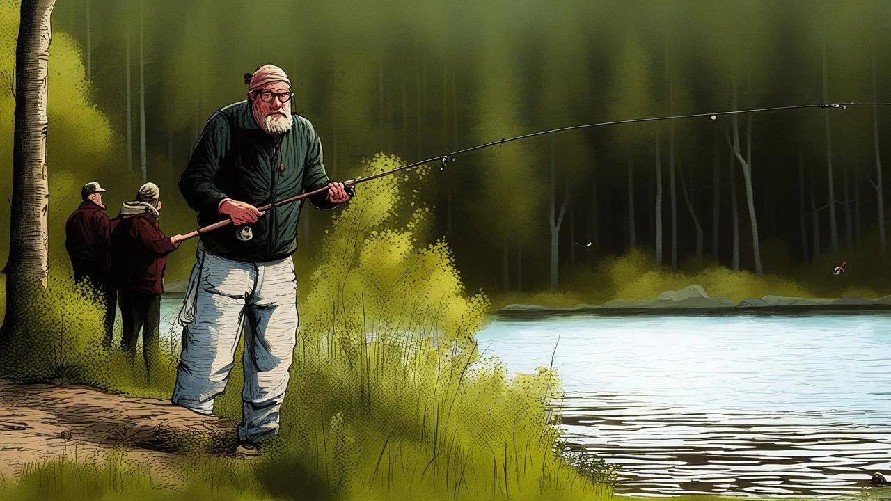 a man catching a sea monster with his fishing rod, cartoon style Simon Stålenhag