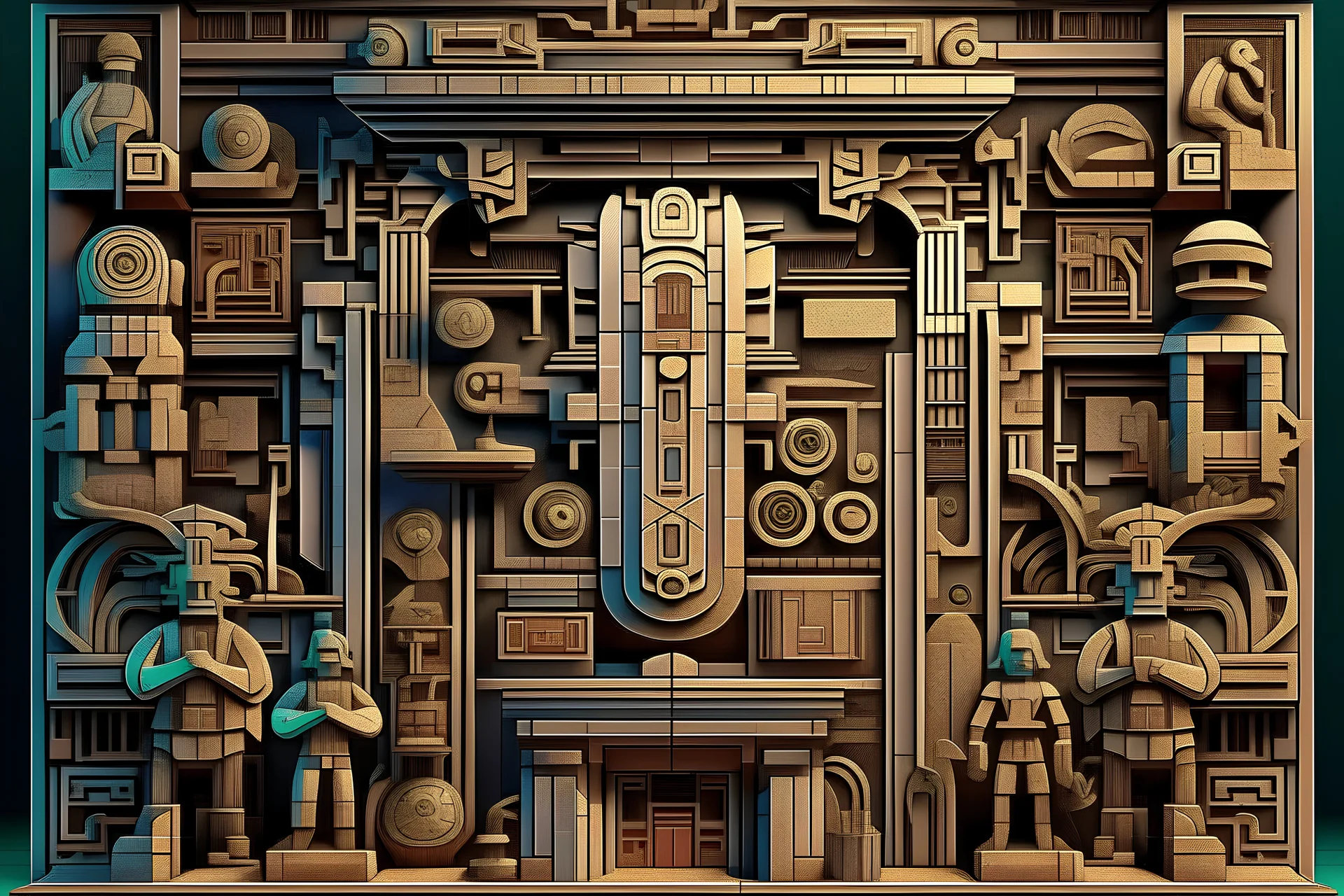 letters of English alphabet hidden in plain sight. pro quality photo real. 1950's superhero characters in motion as vintage 8-bit video game screen graphic depicting ancient mesoamerican statuary/sculpture/hieroglyphic architectural relief carvings