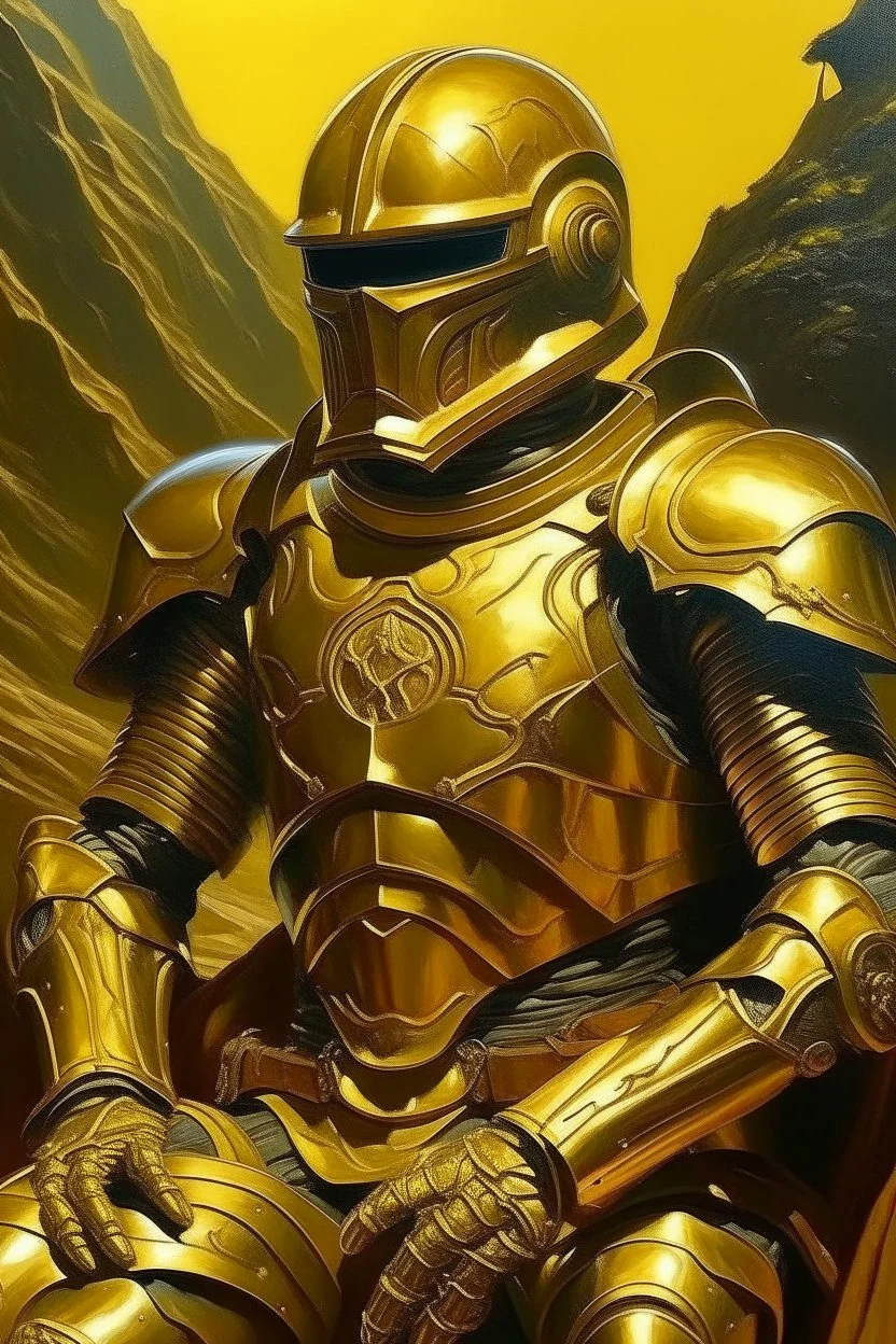 1970's dark sci-fi fantasy cover dnd style oil painting of a golden armor hero with sport outfit and motorcycle with minimalist far perspective. Magazine.