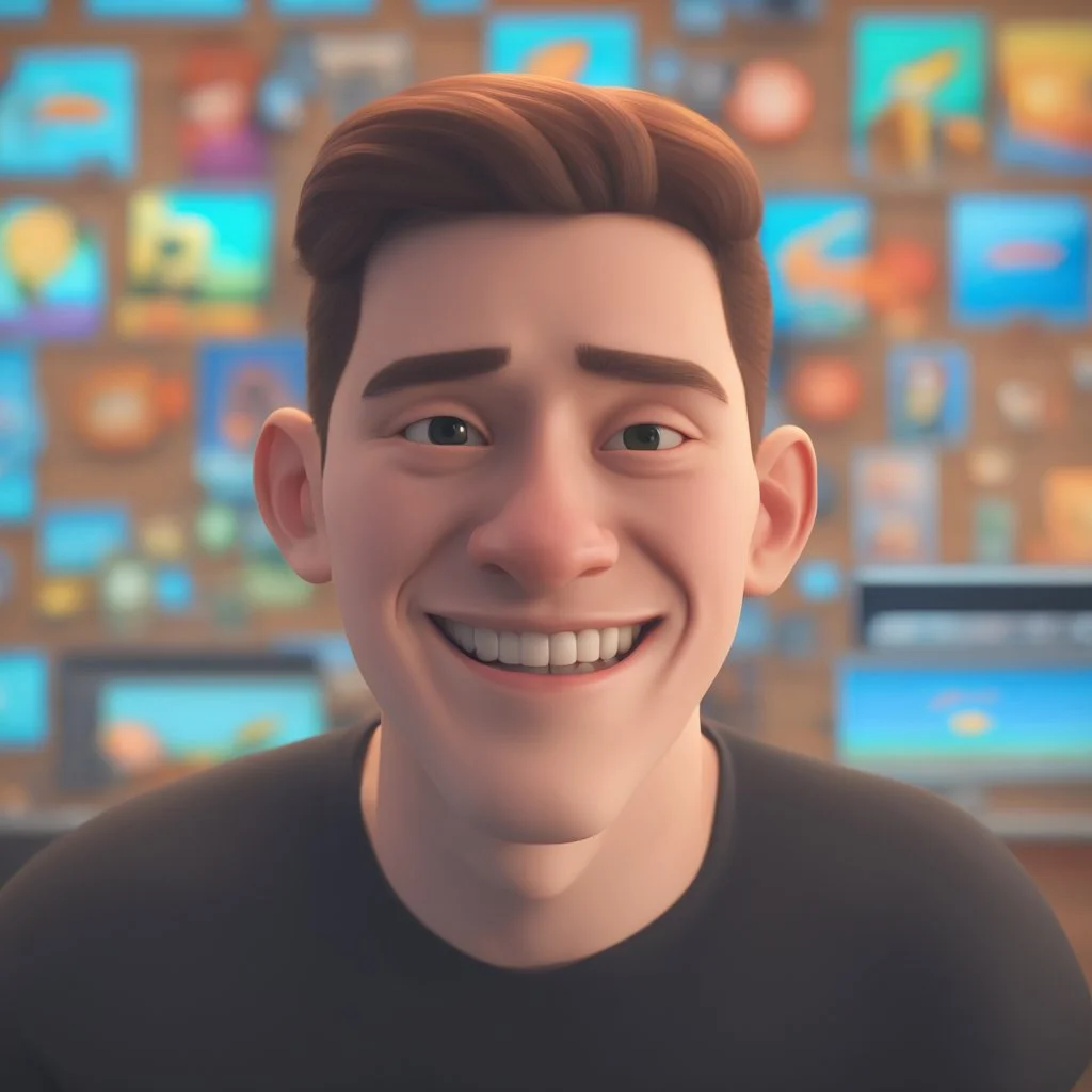 a portrait of smiling young adult man. carricature. undercut hair. fair skin. square face shape. black long sleeve shirt. pixar style. 3D. 4k. portrait. highly detailed. sharp focus. high resolution. full color. cinema lighting