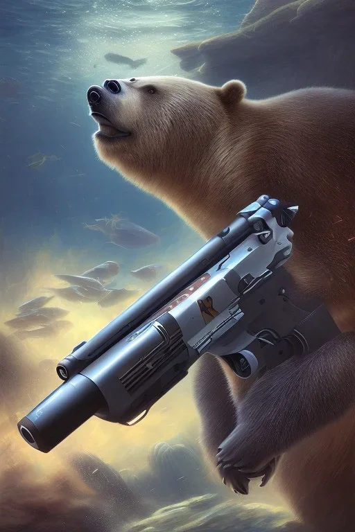 diver like a bear,with the gun,hi quality detail,hi quality textures,cinematic,realistic,aggressive,cosmic