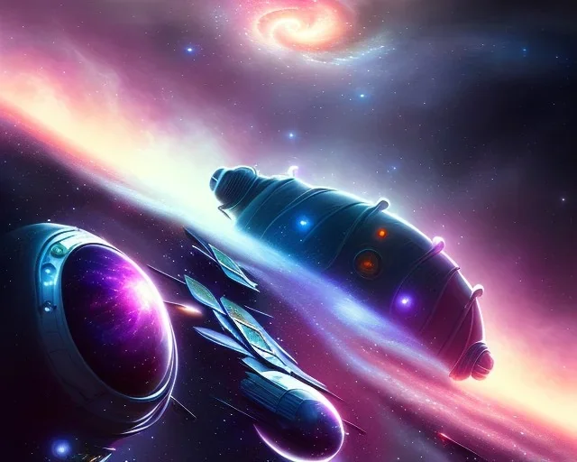 paint whimsical space train going through space galaxy stars nebula, high definition hyperdetailed train by Johan Grenier matte background landscape elemental mysterious colorful sci-fi