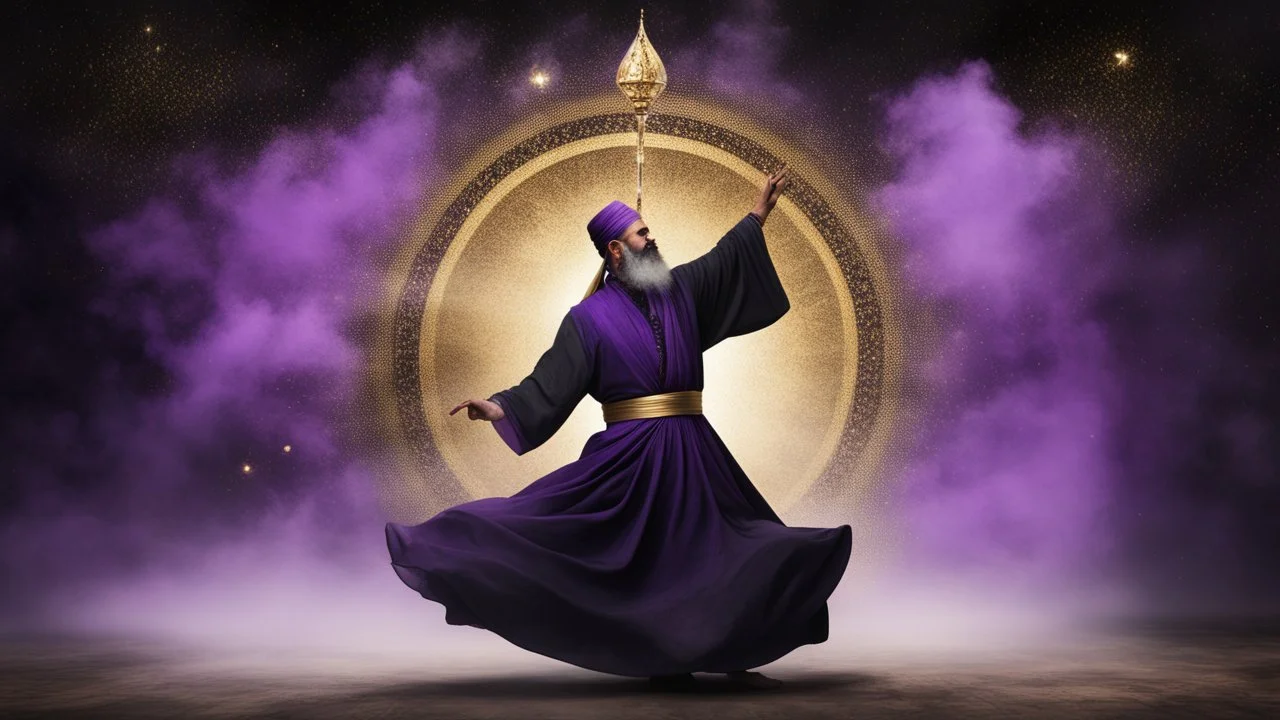 Hyper Realistic Sufi Whirling with Black, & Purple Islamic Sufi Rustic Grungy Background with golden crystals & fog around at night