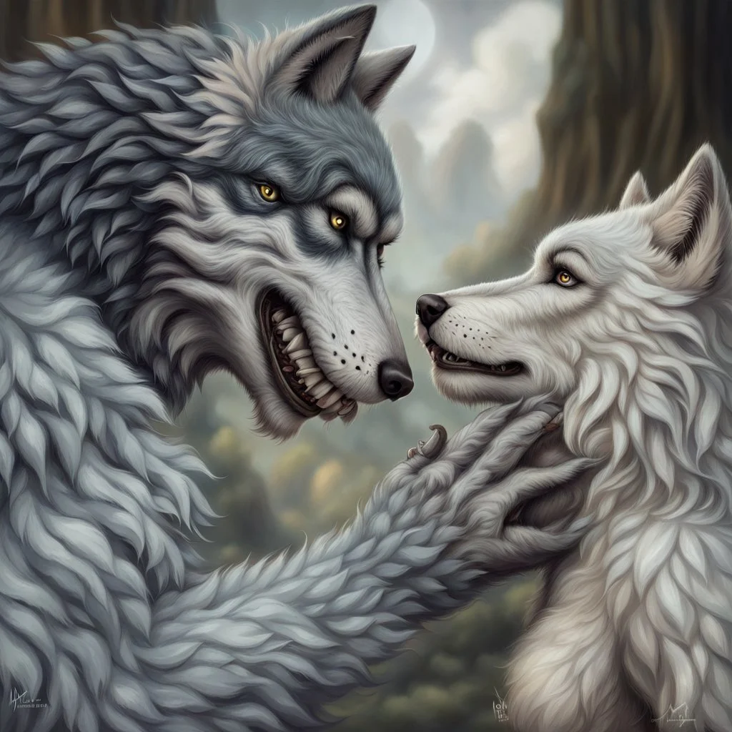 the anthropomorphic gray hairy body wolfman name Teo, holds between his paws the anthropomorphic pale hairy body wolfwoman's face , they look at each other lovingly, blur background, high detalied, realistic, sci-fi and fantasy mood