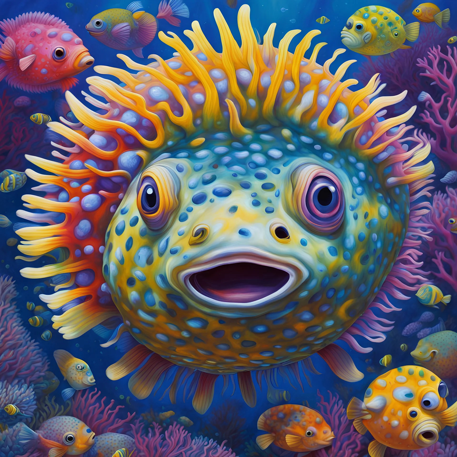 Pufferfish, detailed, vibrant colors, underwater, by Esau Andrews, Lisa Frank