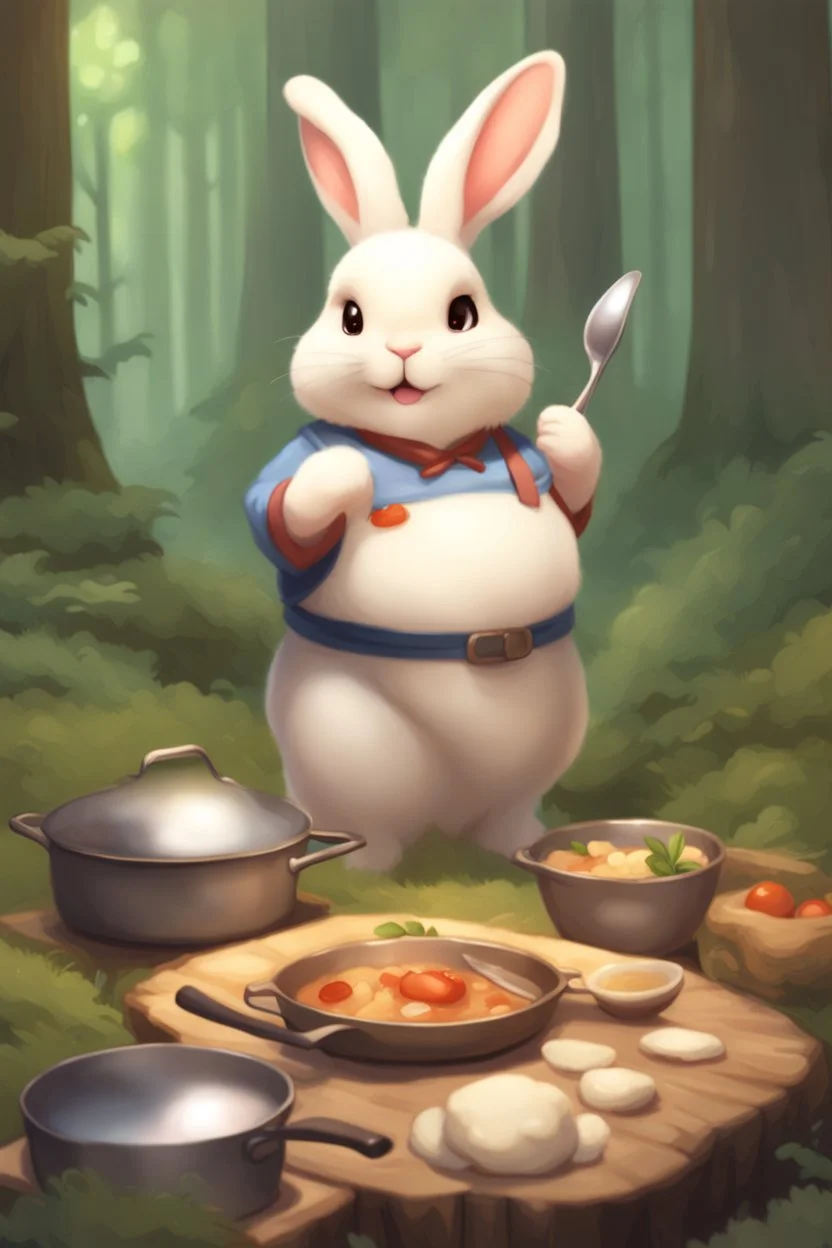 Cute chubby bunny floppy ears adventurer dnd cooking in a forest art realism