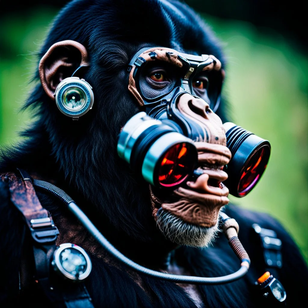 Cyborg, Ape, Primate, hominid, breathing device, respirator, solarpunk, Dystopian, Extreme depth of field, bokeh blur, Alberta, all-natural, in the style of candid, Fuji Film, Anamorphic lens