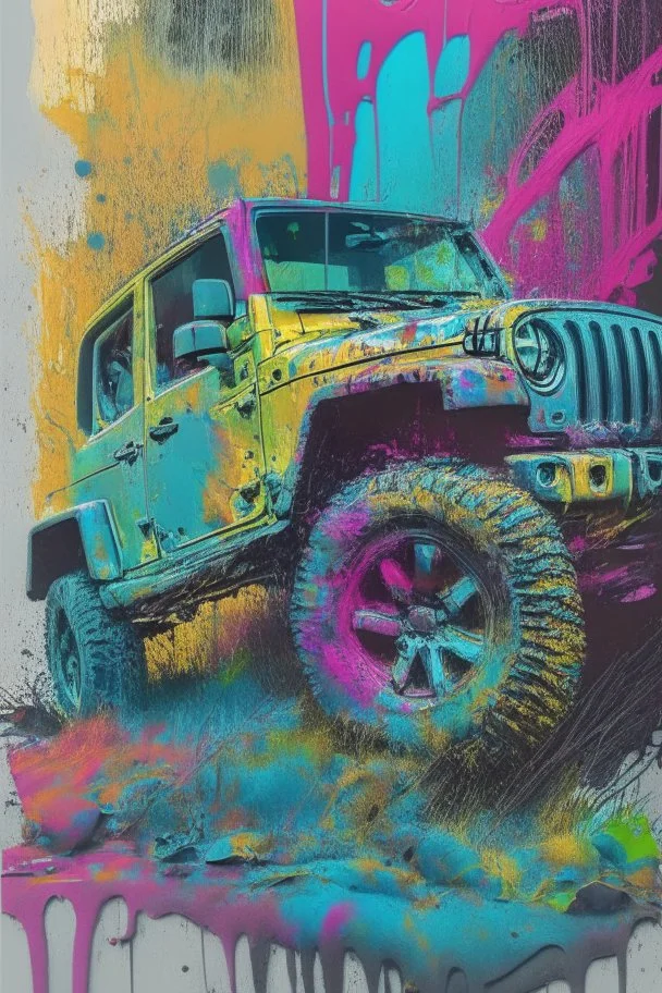 jeep on a terrain, graffiti art, splash art, street art, spray paint, oil gouache melting, acrylic, high contrast, colorful polychromatic, ultra detailed, ultra quality, CGSociety abstract art complementary colors fine details