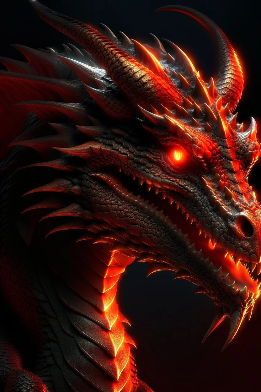 Ultra realistic dragon dark skin with red highlights dark fantasy fiery background