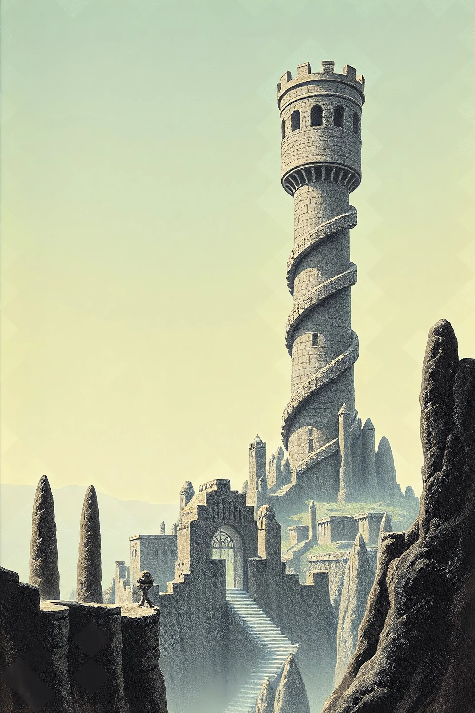 1970's dark fantasy book cover paper art dungeons and dragons style drawing of a large distant spiral tower with minimalist far perspective