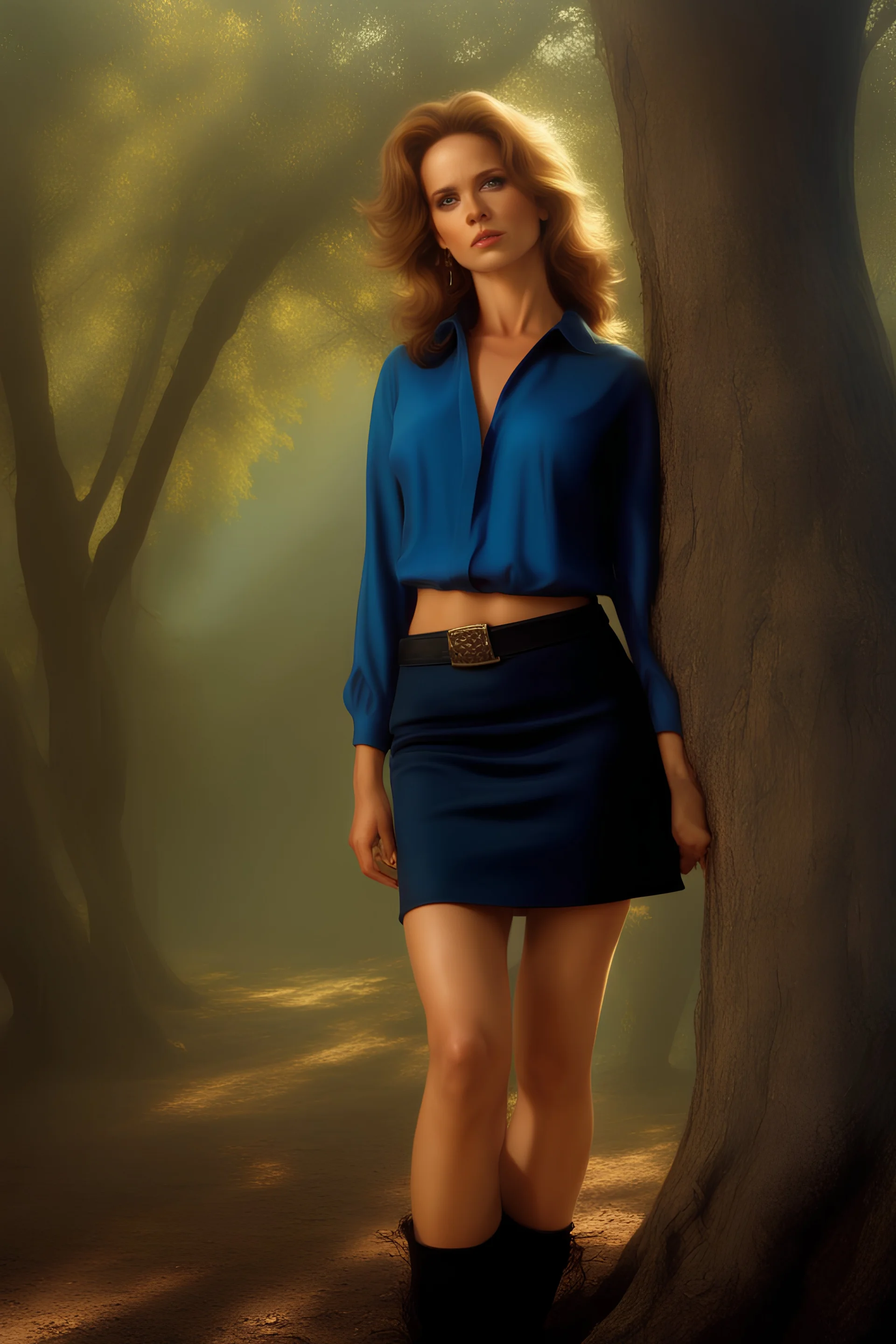 3D Portrait of Lea Thompson, long-sleeved blue blouse, black miniskirt, leaning forward against a tree, perfect body, perfect face, perfect eyes, dark hair, glamorous, gorgeous, delicate, romantic, realistic, romanticism, blue tones, Boris Vallejo - daylight Background - blue skies, sunlight - dark, wood panel wall in the background - fire, fog, mist, smoke