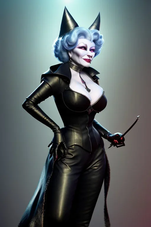 Mae West as evil queen in black leather, leather, busty, cleavage, angry, stern look. character design by cory loftis, fenghua zhong, ryohei hase, ismail inceoglu and ruan jia. unreal engine 5, artistic lighting, highly detailed, photorealistic, fantasy