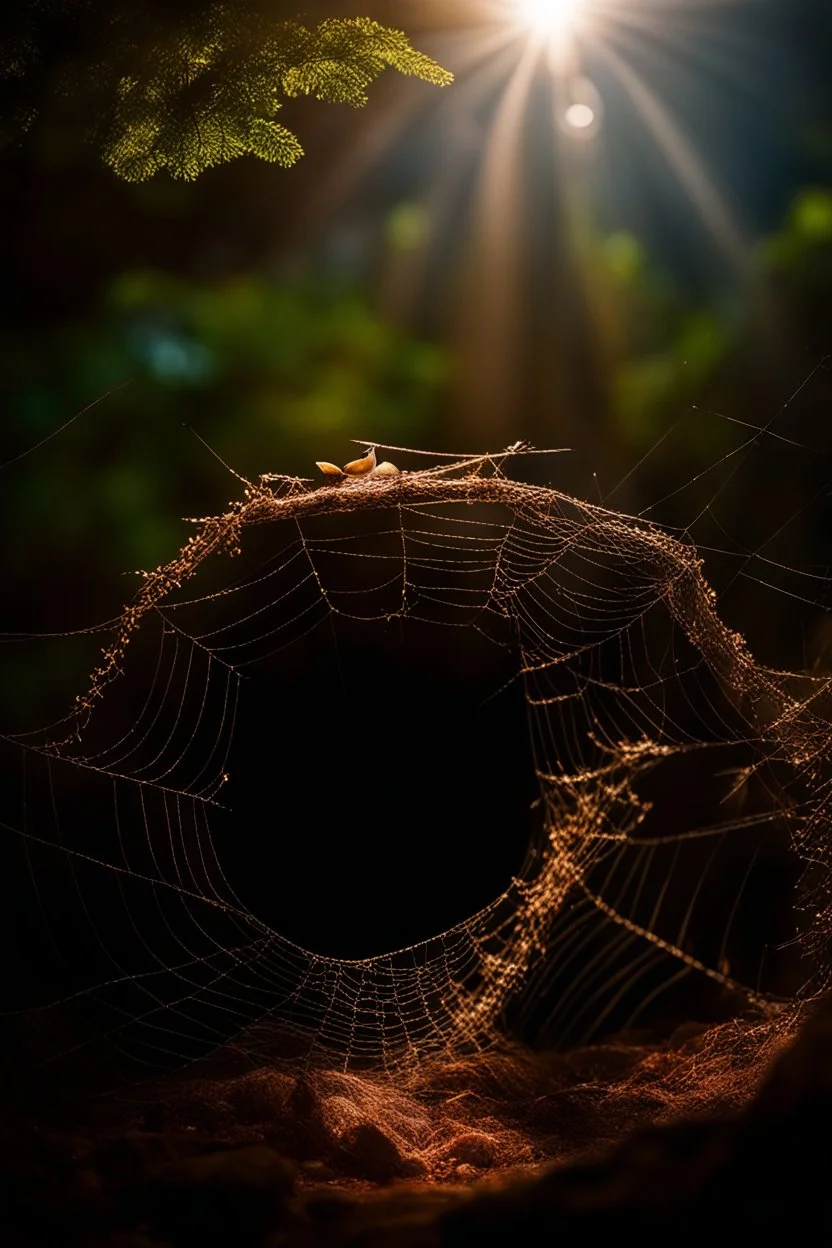 A cave entrance A very fine spider web crepuscular lighting, unsplash photography, BOKEH shot style of time-lapse photography, fujifilm provia 400x, 100mm lens, luminous shadows, renaissance-inspired , home and garden, wildlife nature photography, HDRI. A nest in front of the spider web with a dove laying in it