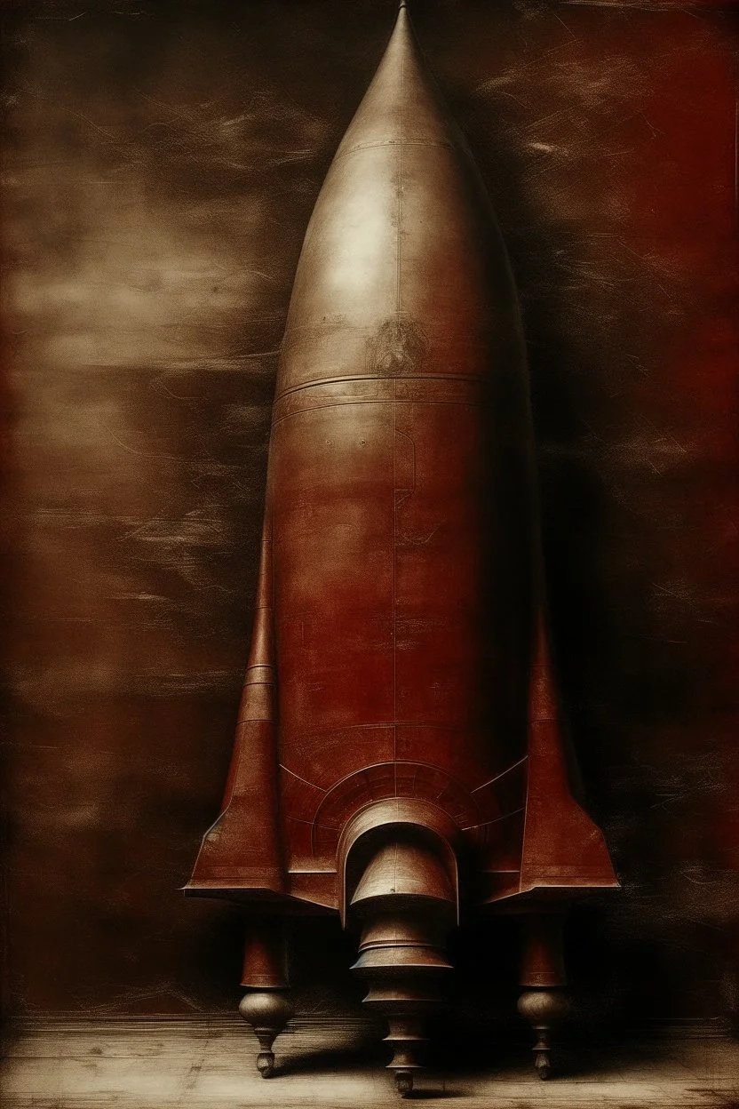 A grayish red galactic rocket ship painted by Leonardo da Vinci