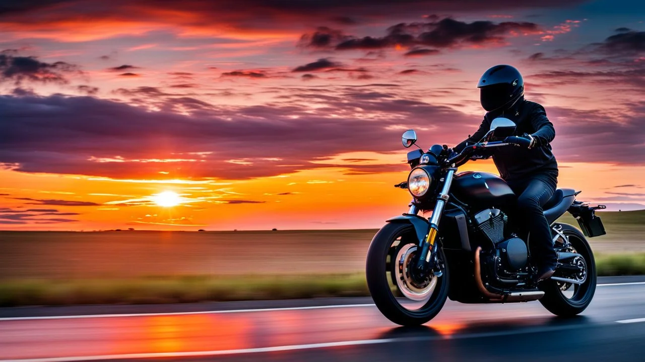 Motorbike Rider in Motion , a person wearing a helmet and black motordress, fast riding a motorcycle along a road during a beautiful red sunset. The dynamic scene conveys a sense of freedom and adventure as the rider speeds the highway, realistic, vivid colors, high detailed, sharp focus, perfect shot, ultra hd, canon photo in motion, svenken, motion washing away, 3d render, cinematic