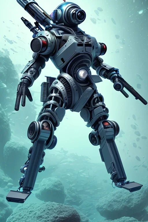 diver like a cyborg,with a gun,hi quality detail,hi quality textures,cinematic,aqua