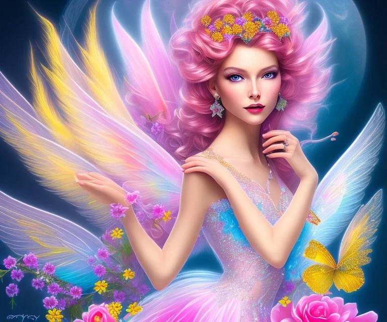 beautiful bright fairy portrait who smiles with long hair, thin face, two hands, 5 fingers, two transparent wings on her back in a pink,blue, yellow flowers background,