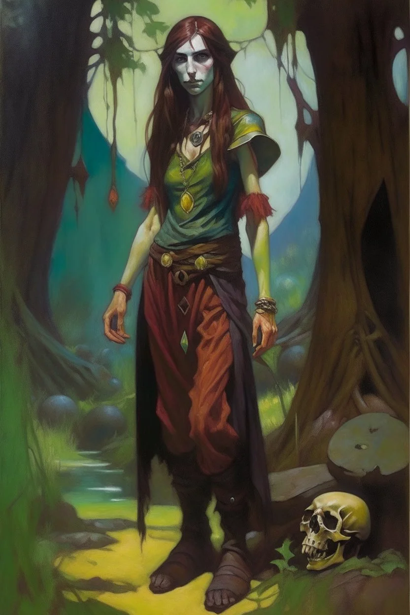 1970's dark fantasy cover dnd style oil painting of a hobo tarot tall woman gipsy elf with sport outfits with minimalist far perspective. Magazine.