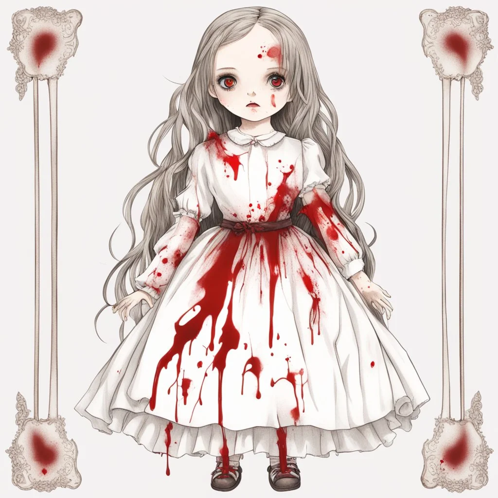 A girl's doll wearing a white dress with red blood bleeding from the back