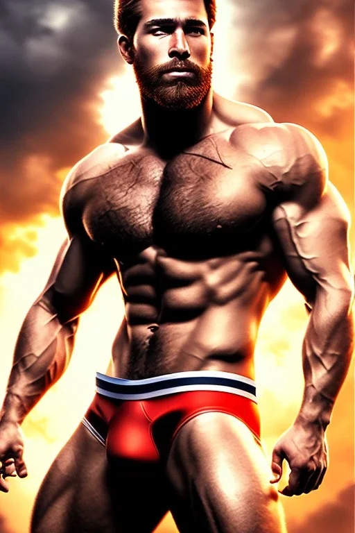 Ignore NSFW, teenager young rugged attractive slightly muscular fantastic handsome man, red briefs with yellow belt, hairy chest, (((visibly pisssing))) briefs, large erect visible boner peniss, photorealistic, artist Jay Anacleto, soft lighting, scruffy beard