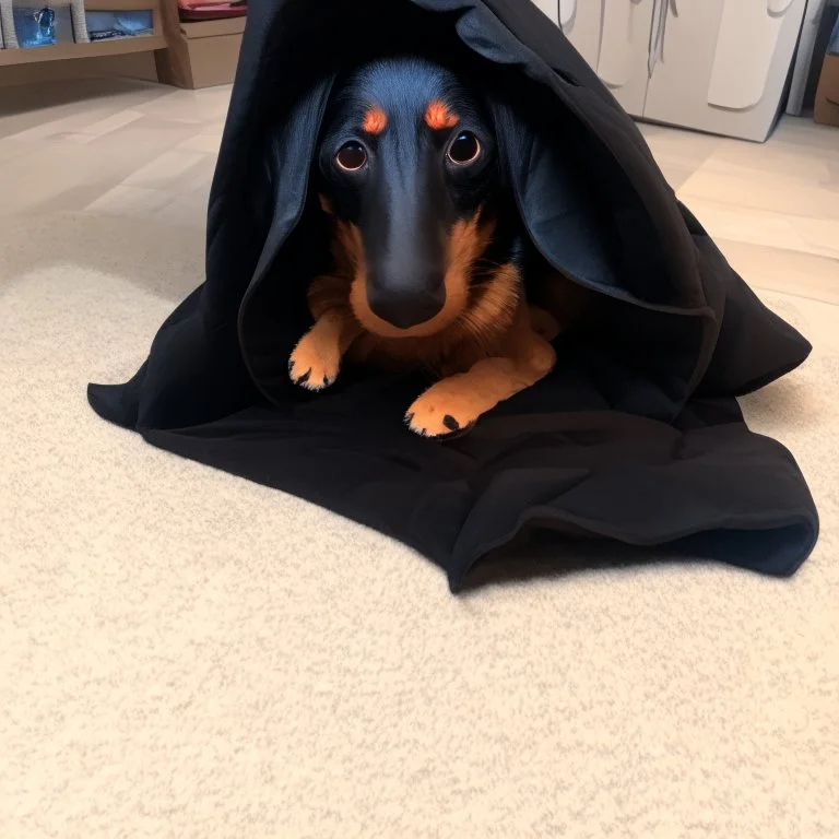 Make a disney style picture for my puppy with a blanket on her head. realistic disney setting, black and tan dachshund