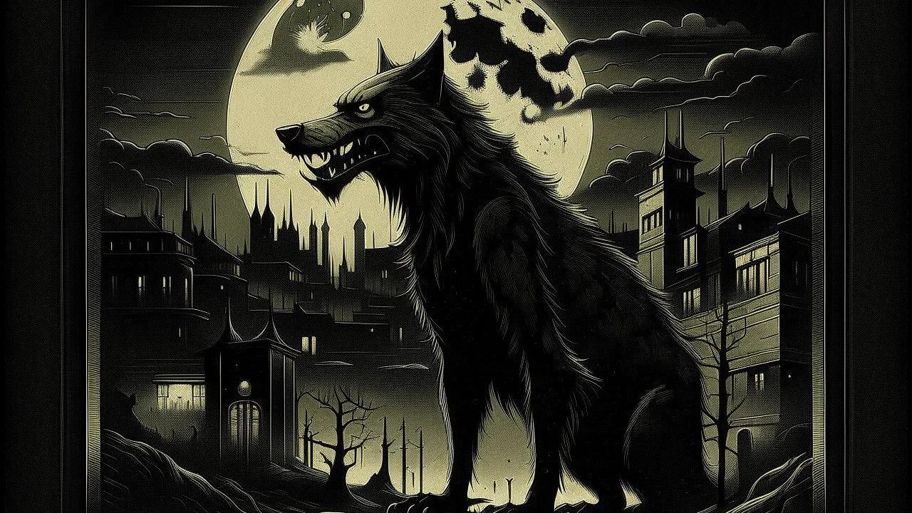 "Vintage Hollywood Horror Elegance: Design a classic film poster in captivating film noir style, featuring a menacing werewolf bathed in moonlight. The eerie glow illuminates a Gothic cityscape backdrop. Deliver a chilling sense of terror and suspense with chilling details, enhancing the old-world mystique of both beast and setting."