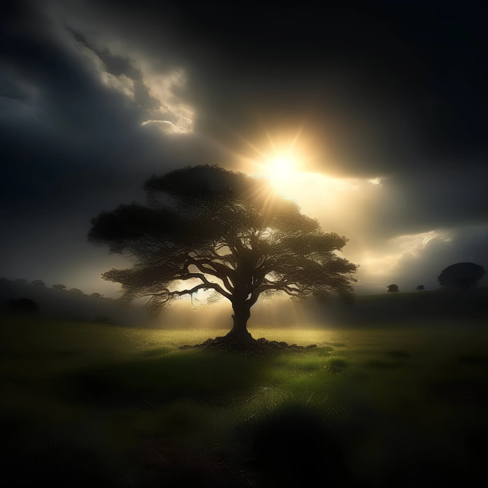 In solitude stands a single tree, Amidst the glorious cloudy sky's decree. Its branches reaching, as if to touch, The beaming light that lingers, oh so much. A distant glow that whispers dreams, Guiding souls towards enchanted streams. Oh, may we find solace in this distant ray, As the single tree dances with the sky, far away.