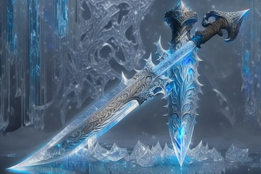 One fantasy greatsword that is slender, translucent blade made of ice. The hilt is made up of swirling vines, a vibrant crystal at the pommel. With a black background behind it. HD