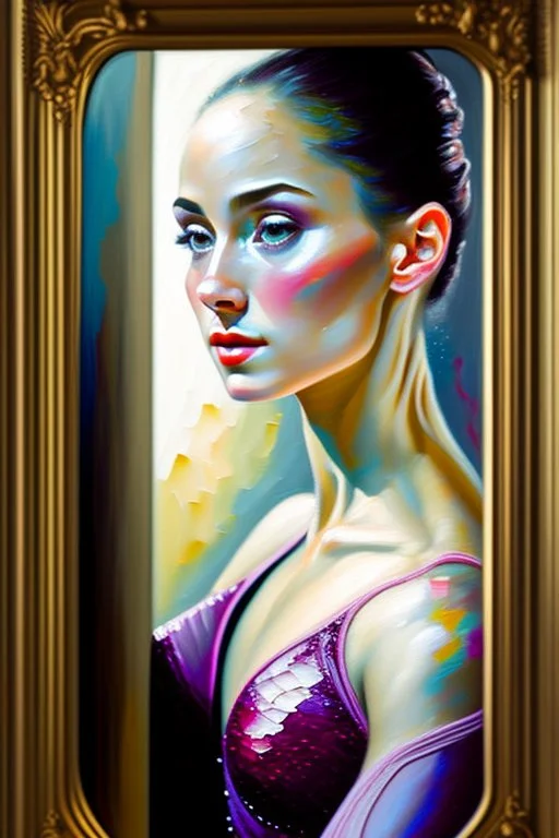 close up realistic portrait of a ballerina, stretching next to a mirror, in impasto style, thick strokes of oil paint, realistic thick textures