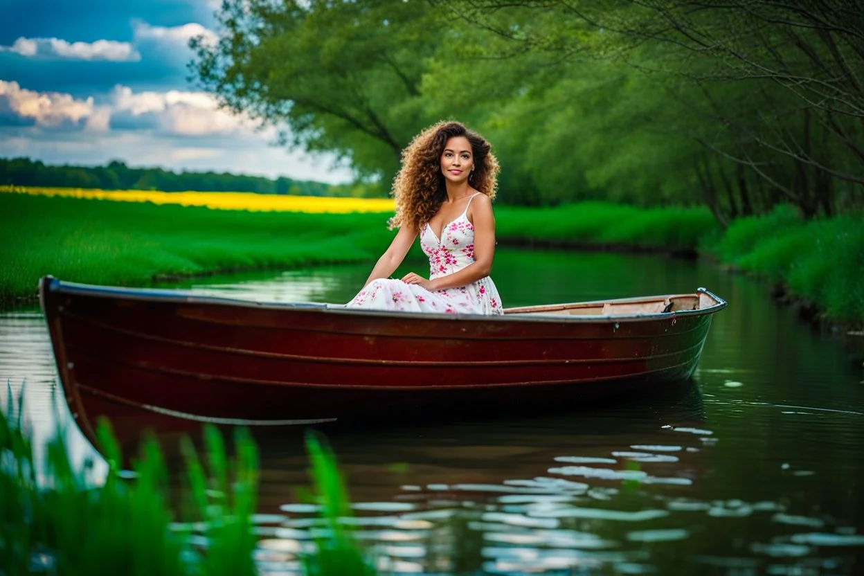 shot from front ,green field and wild flower field ,beautiful face girl in pretty dress curly hair sitting in a boat in water toward camera in trees next to wavy river with clear water and nice sands in floor.camera capture from her full body front, spring blosom walking to camera ,wild flowers moving in the wind ,blue sky,moving pretty clouds ,joy full facet.