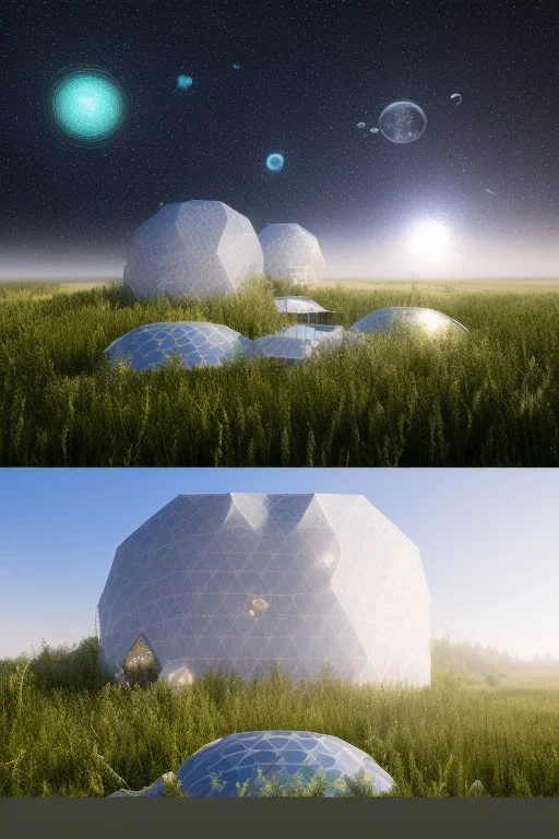 geodesic Dome a facettes transparant ultra réaliste, brouillard, prairie,riviers animé, soleil, ciel étoilé cgi,