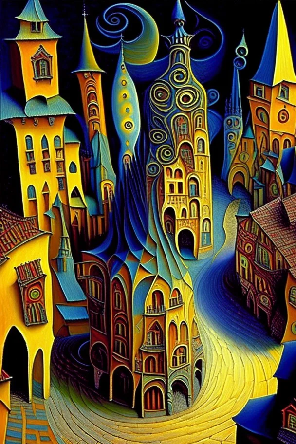 Old medieval town square, "Fractal flame" , By Jacek Yerka, Wassily Kandinsky, Picasso