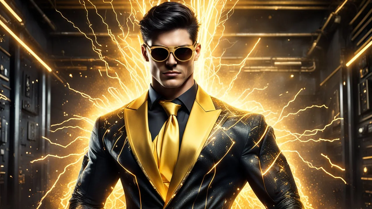 Hyper Realistic handsome muscular Electric-Superhero with short-black-hair wearing long-fancy-yellow-tuxedo-with-golden-circuit-patterns, Black-shirt & Golden-electric-tie & fancy-golden-sunglasses unleashing-thunderbolt in a dark-rustic-circuit-room with electric-sparks-&-rays & a massive circuit-board-wall with-glowing-embers showing dramatic & cinematic ambiance.