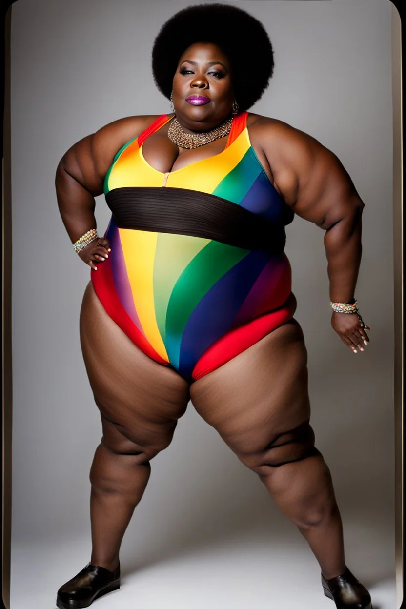 Massively obese black woman with a beard wearing a skin-tight rainbow leotard. Photograph.