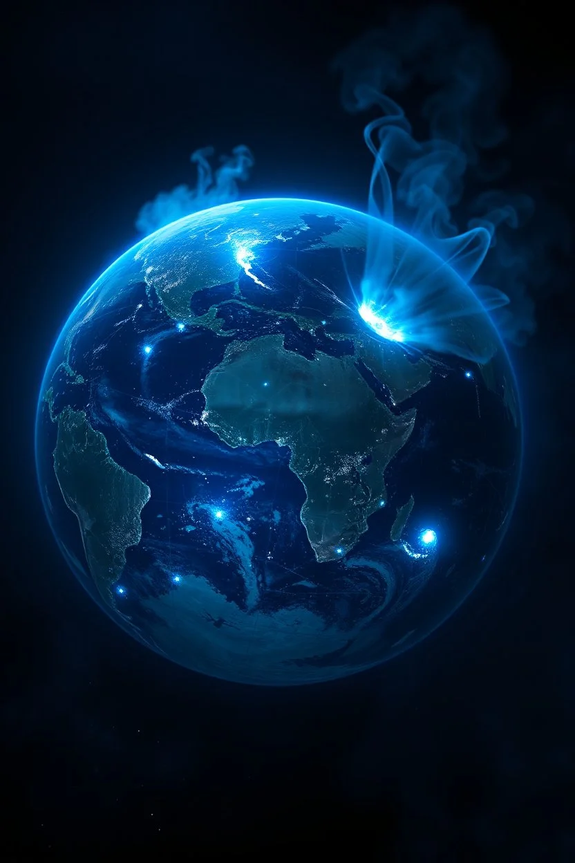 en satellit bild från rymden på jorden, den ska lysa med blått ljus och det kommer rök ifrån den och ser ut att spricka lite, bilden ska visa hela jord globen, långdistans robotar flyger mellan olika kontinenter, jorden är på väg mot en undergång