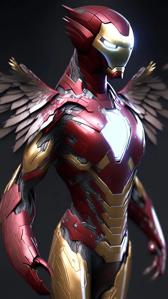 ironman become bird, has two wings, ultra realistic, 4k, ultra detail, full body, full picture