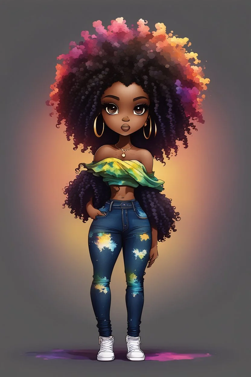 create a colorful abstract silhouette art image 8k of a chibi curvy black female wearing torn jeans pants and a black tie dye off the shoulder blouse. Prominent make up with hazel eyes. Highly detailed long tight curly afro in a hair wrap.