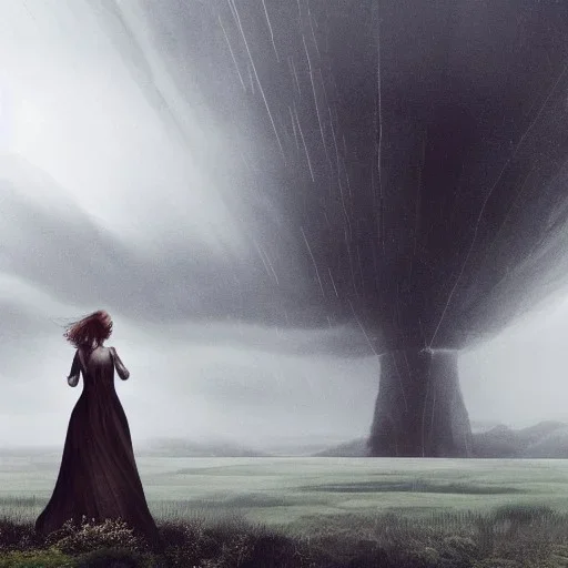 A princess standing. Epic scale. Heavy cold rain. Thunderstorm. An engineer looking up. Futuristic scenary. Gray mist.