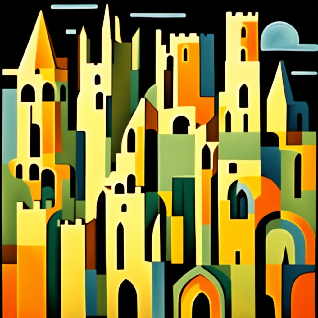 An abstract geometric painting depicting a landscape of an ancient medieval city with castles, towers, churches, vaults, culverts and bells in a very stylized and cubist way. The composition consists of various shapes, forms and geometric elements arranged to create the impression of buildings, structures and architectural elements in an urban landscape. The shapes and forms used in the painting are a combination of straight lines, angles, curves and circles, creating a sense of rhythm and mo