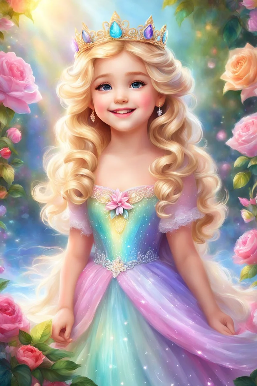 Adorable digital painting of a beautiful little girl in a gorgeous rainbow princess dress, portrait of Elsa, sparkling crown, front view, beautiful smile, shiny golden curly hair, angel eyes, beautiful face, rosy cheeks, pink lips, Elsa face, digital art, surrounded by paradise garden and roses in the background, romantic style, pastel world, high quality, 4k