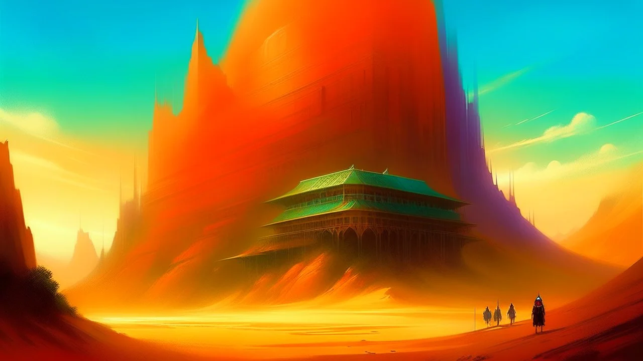 Dune like world, with a building cut into rock, Marc Simonetti