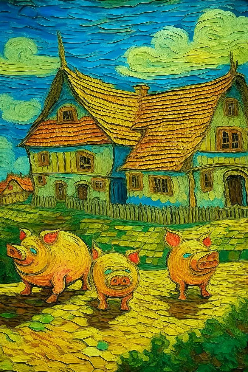 cuento "LOS TRES CERDITOS", imagen de la escena principal, construyendo las tres casas. con un estilo Vincent van Gogh