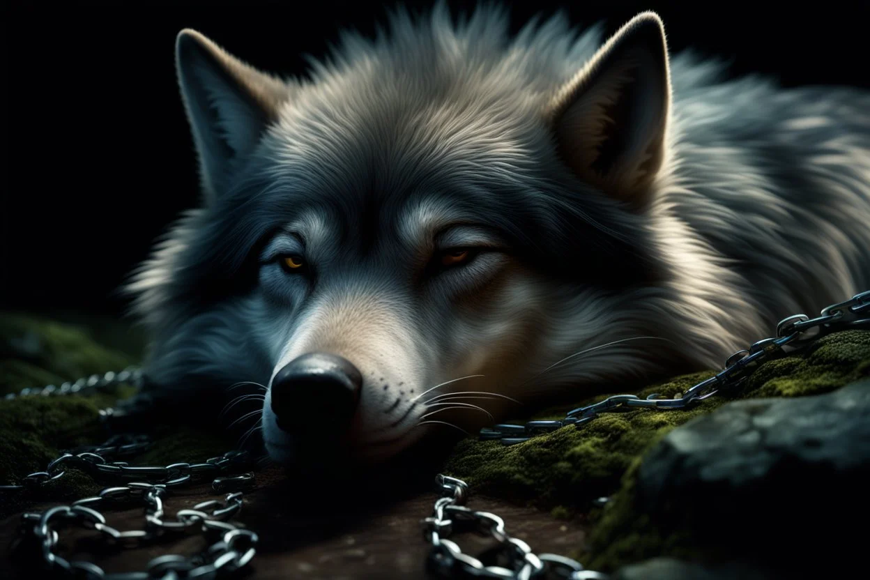 sad small scruffy wolf wearing a silver chain around its neck laying down eyes closed, photorealistic, 4k, dark fantasy, forest