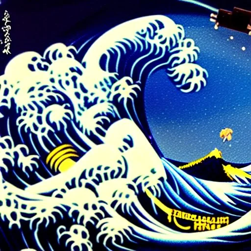 An astronaut floating in space surrounded by a halo of glowing jellyfish, done in the style of Hokusai's The Great Wave off Kanagawa