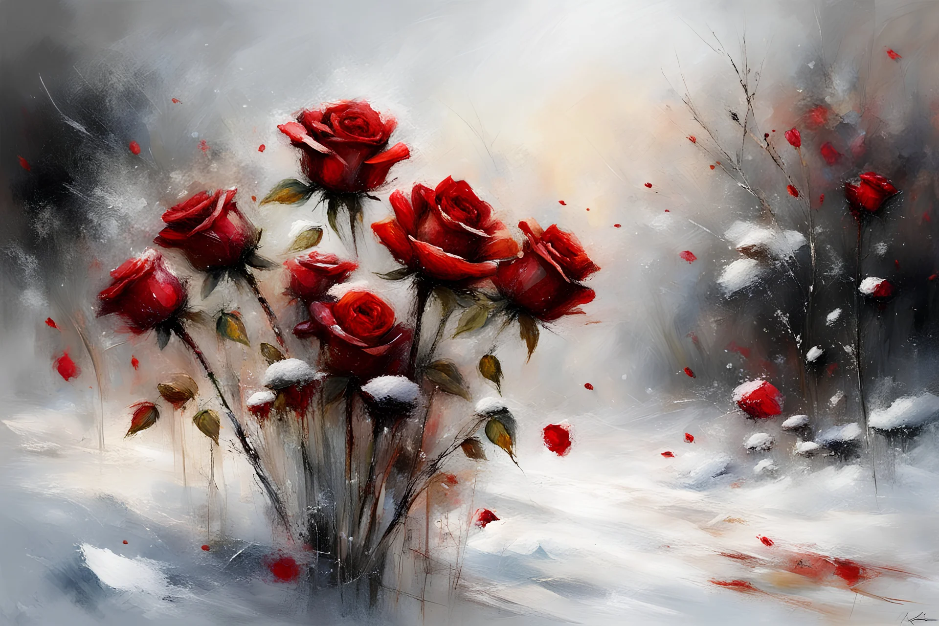 oil painting by Yossi Kotler, red roses in the snow, winter, beautiful scenery